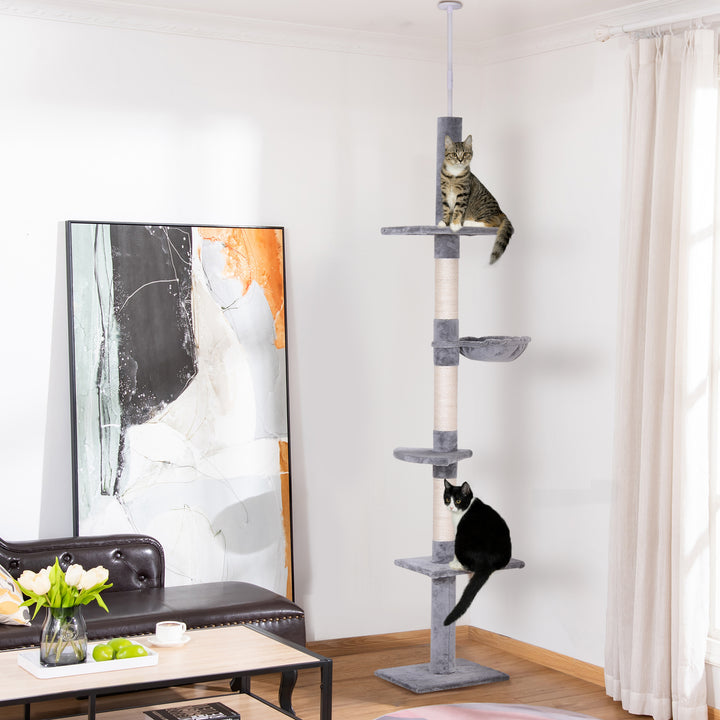 Lofthøjt, højdejusterbart kradsetræ, robust kradsetræ med sisalstolper, klatretræ til katte, gråt, 40 x 34 x 230-260 cm