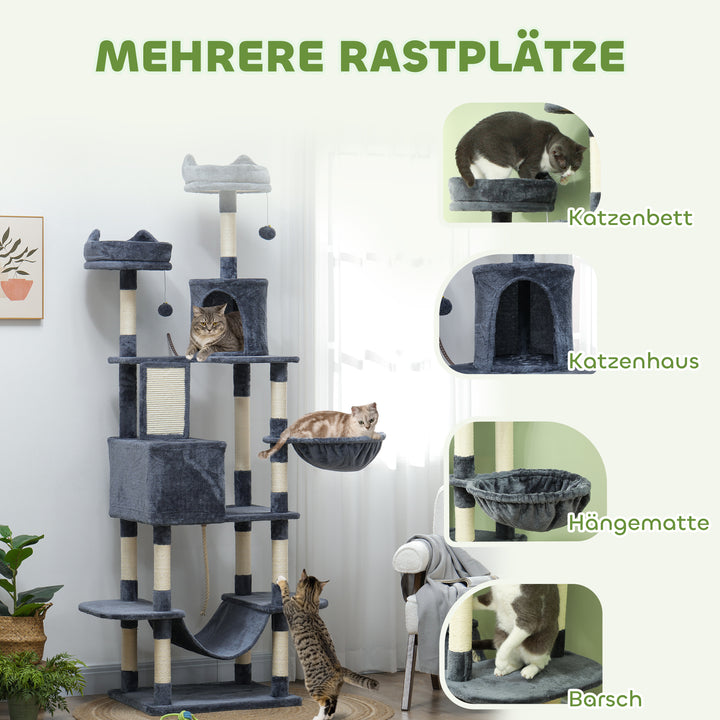 Kradsetræ 206 cm kattetårn med hule, 2 legebolde, sisalstolper, platform til store katte, mørkegrå