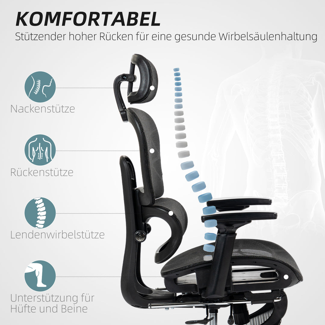 Kontorstol, ergonomisk skrivebordsstol med netbetræk, justerbar, rullbar, med armlæn, nakkestøtte, sort