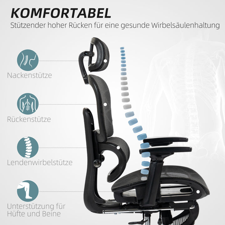 Kontorstol, ergonomisk skrivebordsstol med netbetræk, justerbar, rullbar, med armlæn, nakkestøtte, sort