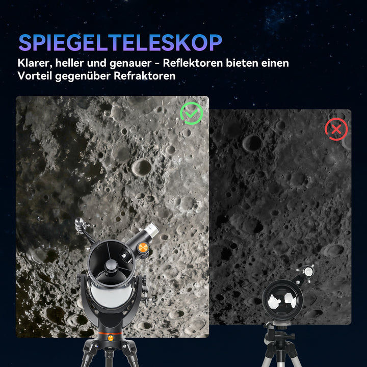 Spejlteleskop, 114 mm objektivlinse, 2 okularer, søgerkikkert, aluminium, mørkeblå