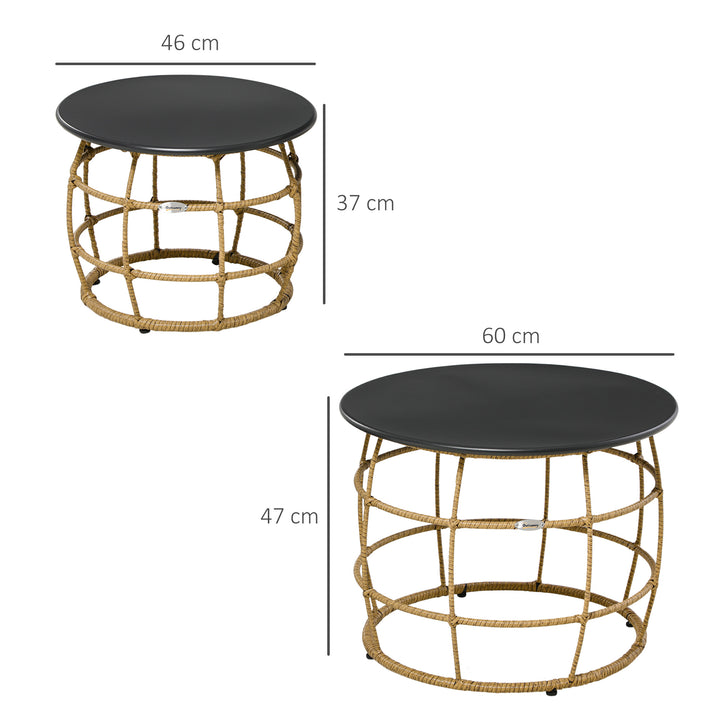 Sæt med 2 haveborde i boho-stil, vejrbestandige, stabelbare, 60 cm x 60 cm x 47 cm, naturlig + mørkegrå