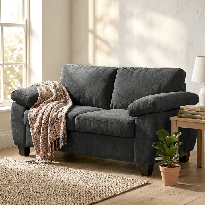 2-personers sofa, 156 cm chenillesofa med tykke fjederkernehynder, brede polstrede armlæn, 300 kg lasteevne, mørkegrå