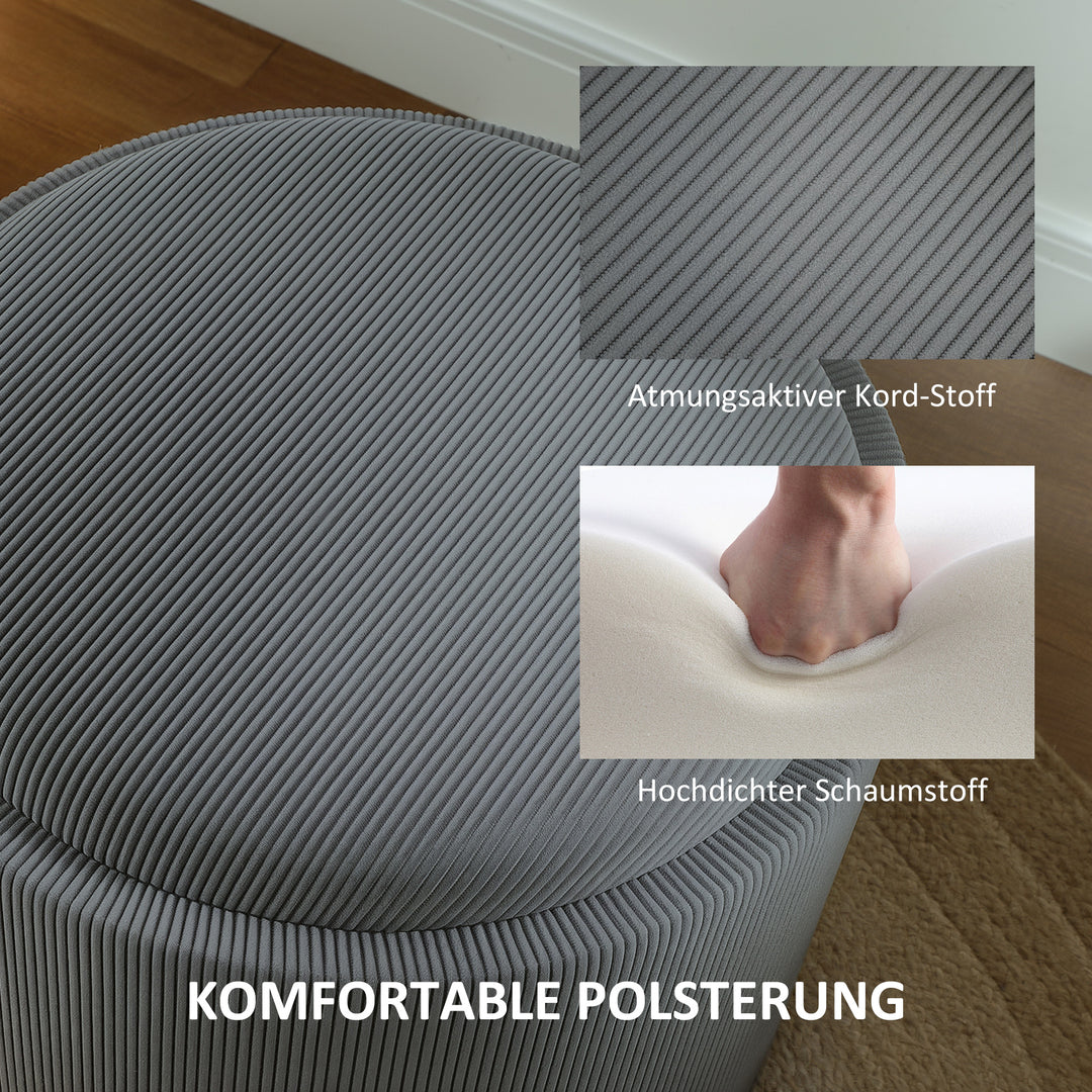 Opbevaringsskammel med opbevaringsplads, rund, fodstøtte, fløjlsbukser, mdf, grå