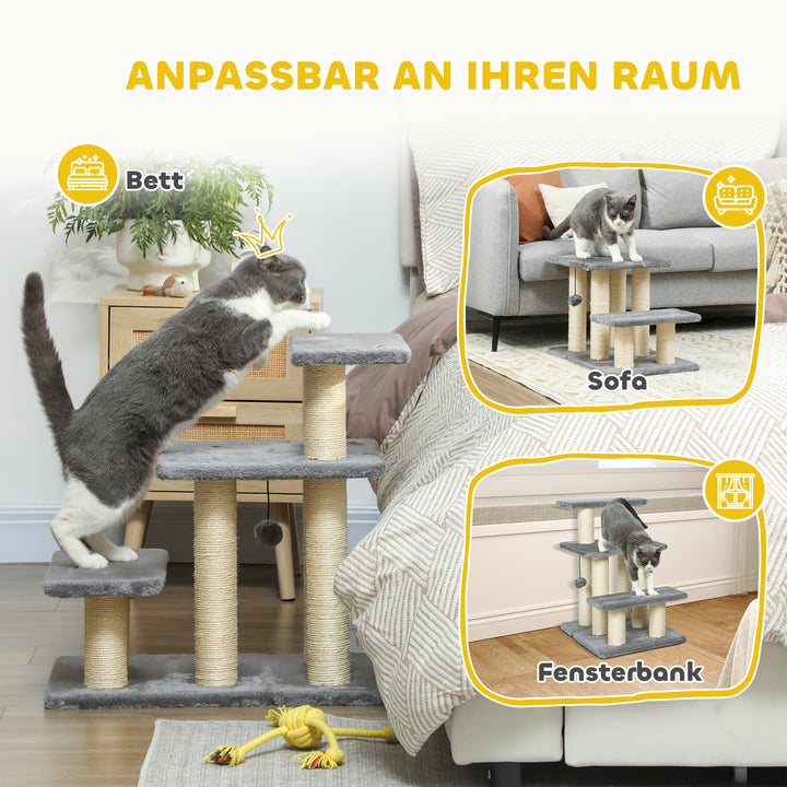 Hundetrappe, 3 trin, 54 cm høj, kæledyrstrappe til små hunde og katte med sisal kradsetræer og legetøjsbold