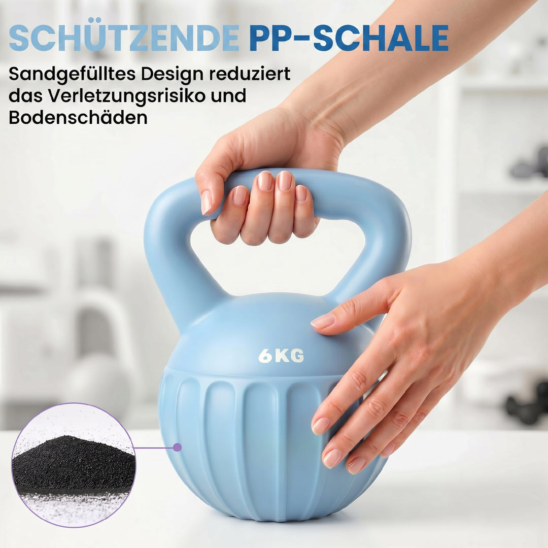 Kettlebell, 6 kg vægtstang fyldt med sand, til begyndere, styrketræning til hjemmebrug, 17 x 17 x 23 cm, blå