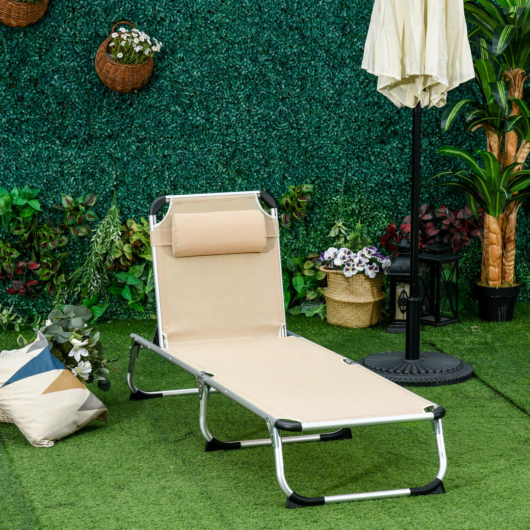 Foldbar liggestol med nakkestøtte, ergonomisk liggestol med 4-niveau justerbar ryglæn, lavet af aluminium, lasteevne op til 120 kg, til have, terrasse, pool, strand, beige