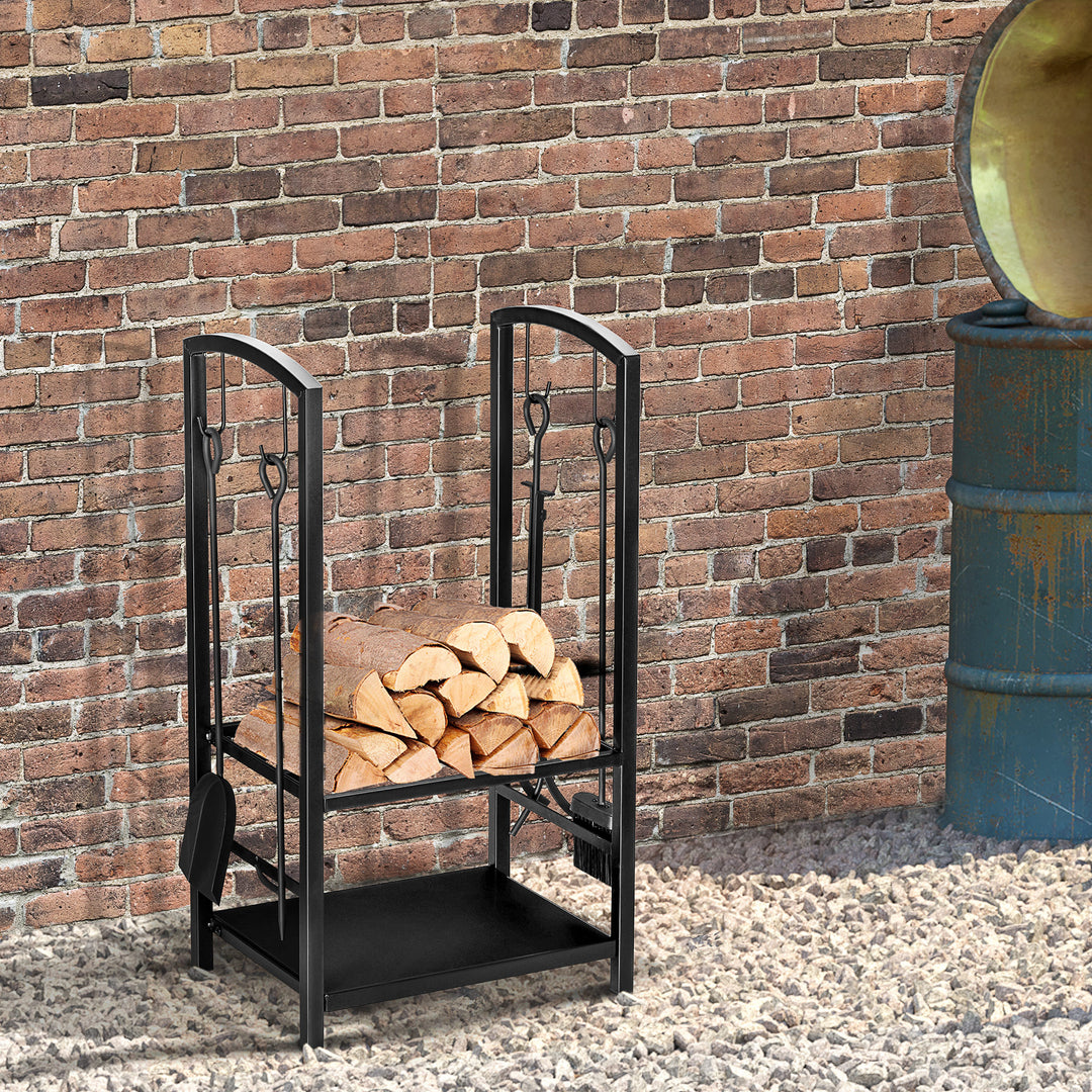 Brændereol, 2-lags brændereol, pejseværktøj, op til 100 kg, stål, sort, 40 x 30 x 74,5 cm