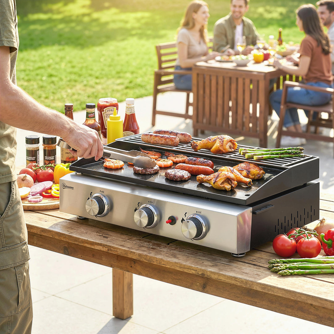 Gasgrill 7,5 KW Bærbar bordgrill med 3 brændere Keramisk belægning Grillrist Varmeplade
