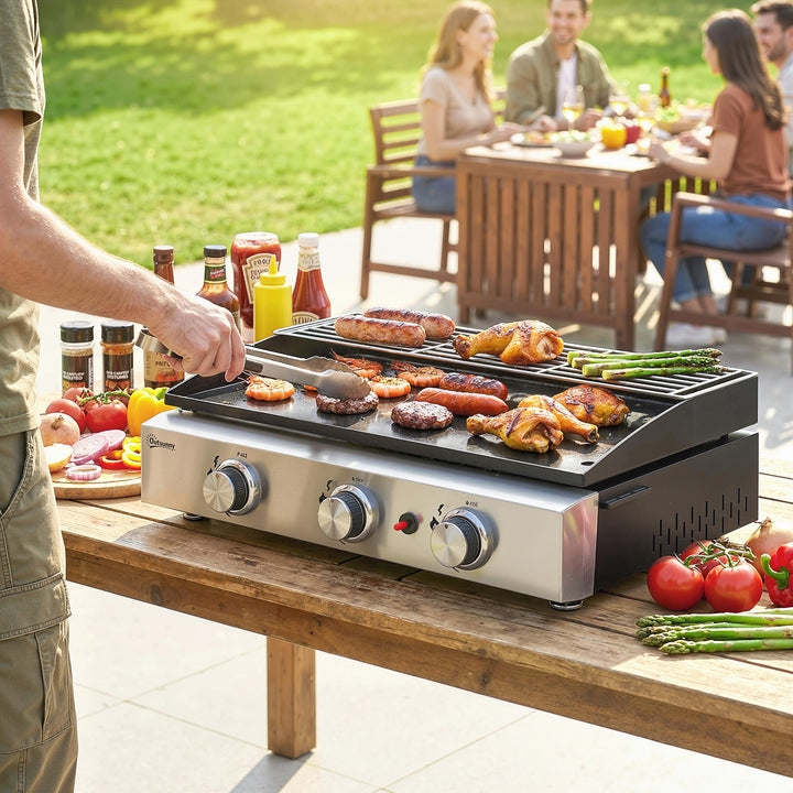 Gasgrill 7,5 KW Bærbar bordgrill med 3 brændere Keramisk belægning Grillrist Varmeplade