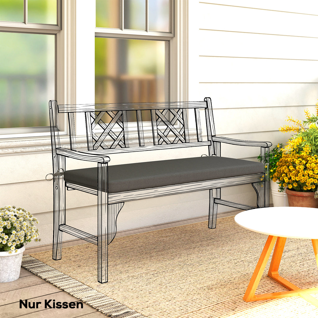 Vandafvisende bænkhynde, udendørs siddehynde med aftageligt betræk og fastgørelsesstropper til have og terrasse, 110 x 46 cm, mørkegrå