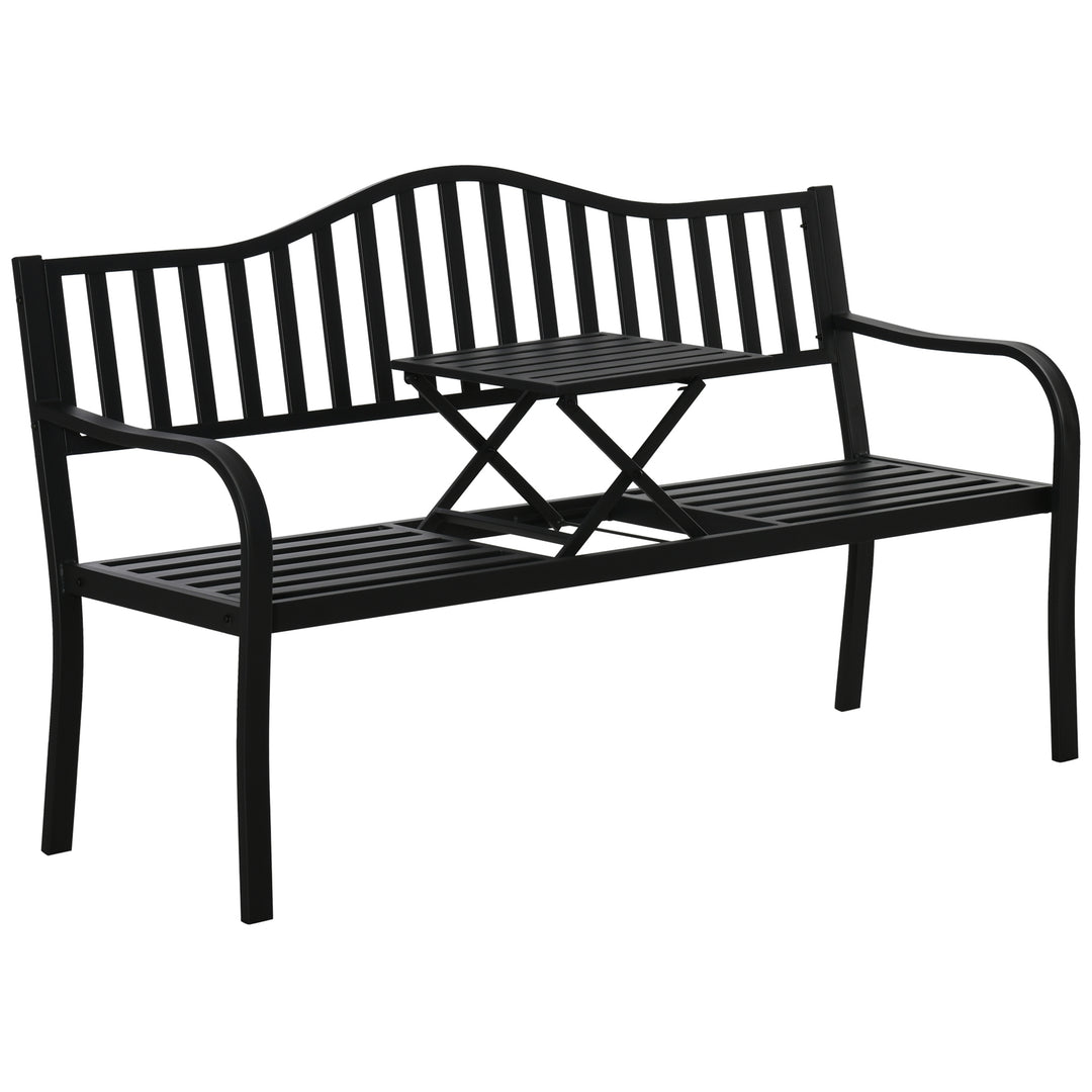 2-personers havebænk, robust parkbænk med udtrækkeligt bord, 240 kg lasteevne, terrassebænk med ryglæn og armlæn, havemøbler til terrasse, have, 150 x 58,5 x 90 cm, sort