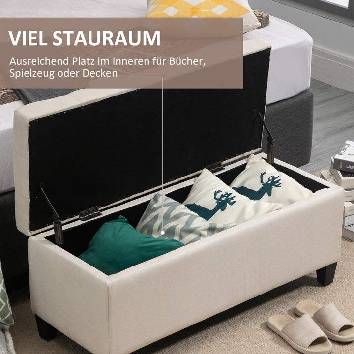 Bænk polstret bænk med opbevaringsplads kommodebænk entre soveværelse stue hørlignende polyester gummitræ cremehvid 100 x 40 x 44 cm