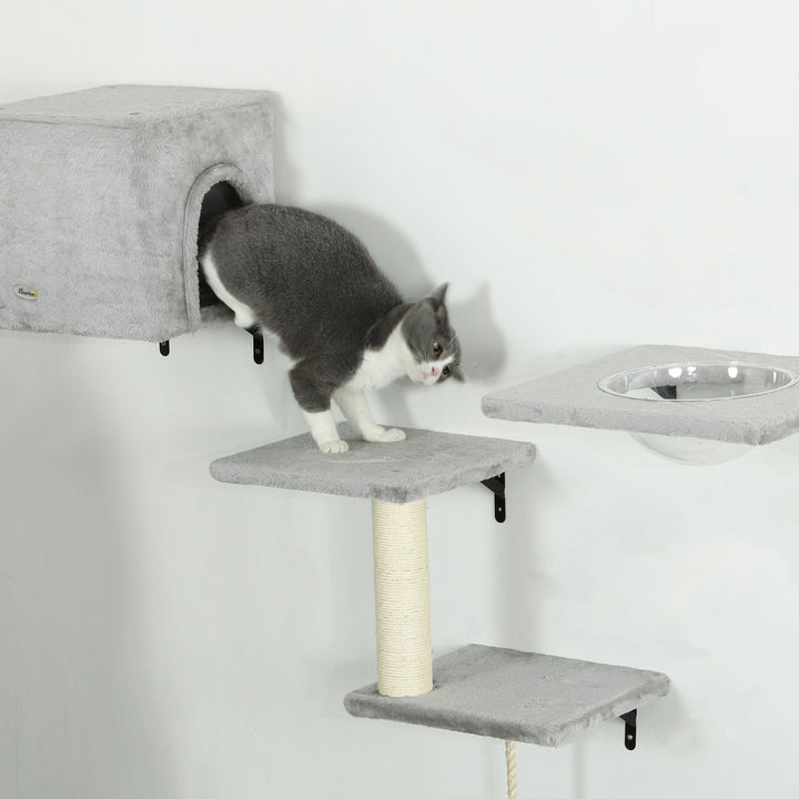 Klatrevæg katte 7-delt klatrevægsæt til katte med kattehus, platform, platform grå