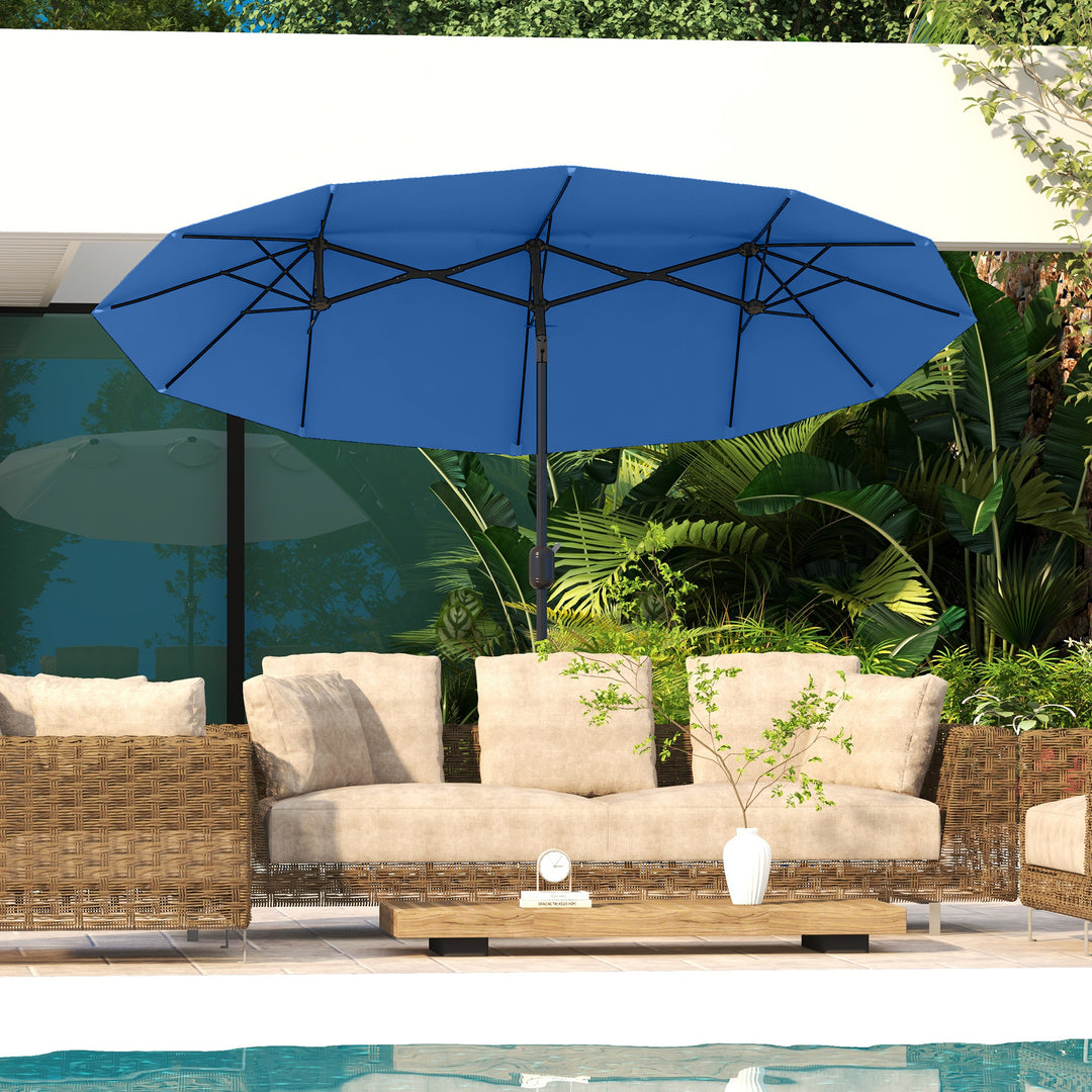 Parasol, haveparasol, vipbar, med håndsving, vindfang, polyester+stål, marineblå, 285 x 147 cm