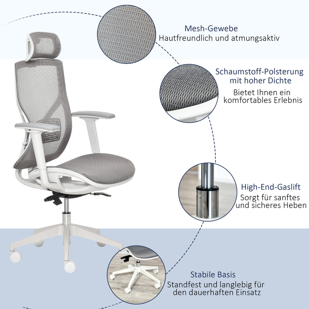 Kontorstol, skrivebordsstol, drejestol, gamingstol med nakkestøtte, lændehynde, 3d-armlæn, 3 niveauer, 360° drejelige hjul, højdejusterbar, ergonomisk, netstof, skum, grå, 67 x 65 x 120-128 cm
