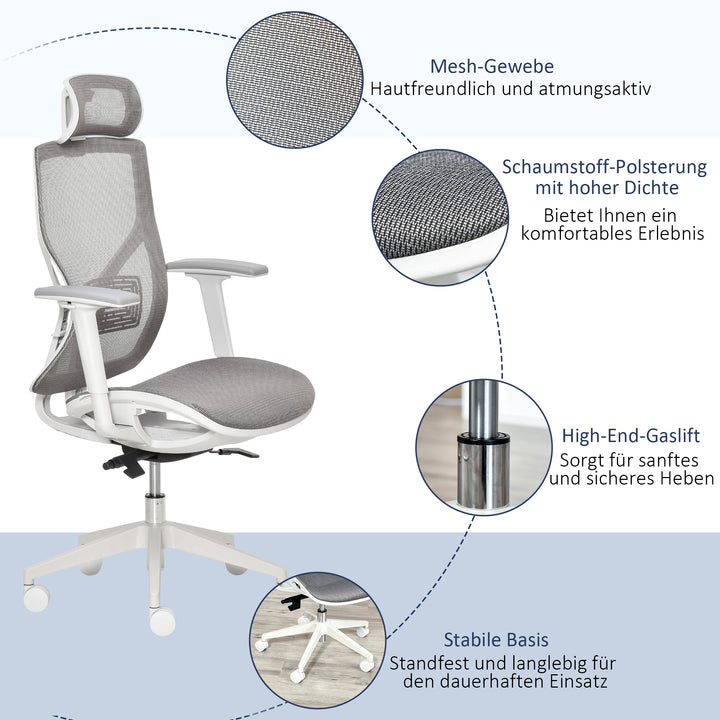 Kontorstol, skrivebordsstol, drejestol, gamingstol med nakkestøtte, lændehynde, 3d-armlæn, 3 niveauer, 360° drejelige hjul, højdejusterbar, ergonomisk, netstof, skum, grå, 67 x 65 x 120-128 cm