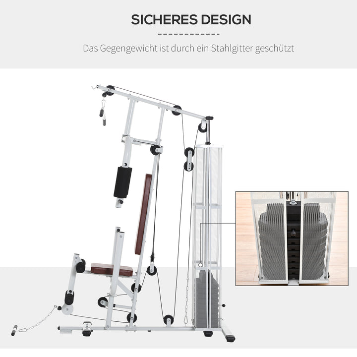 Fitnesscenter, multigym, fitnesscenter, fitnessudstyr inklusive vægte, lat pulldown, benbøjning, metal, PU-læder, hvid, 150 x 110 x 210 cm