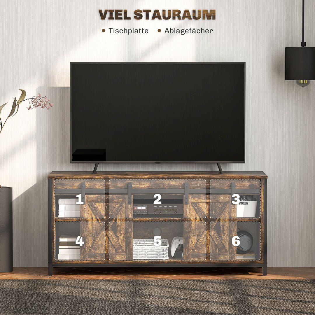 TV-lavbord, industrielt design, til 60" TV, 6 rum, 2 skydelåger, brun/sort