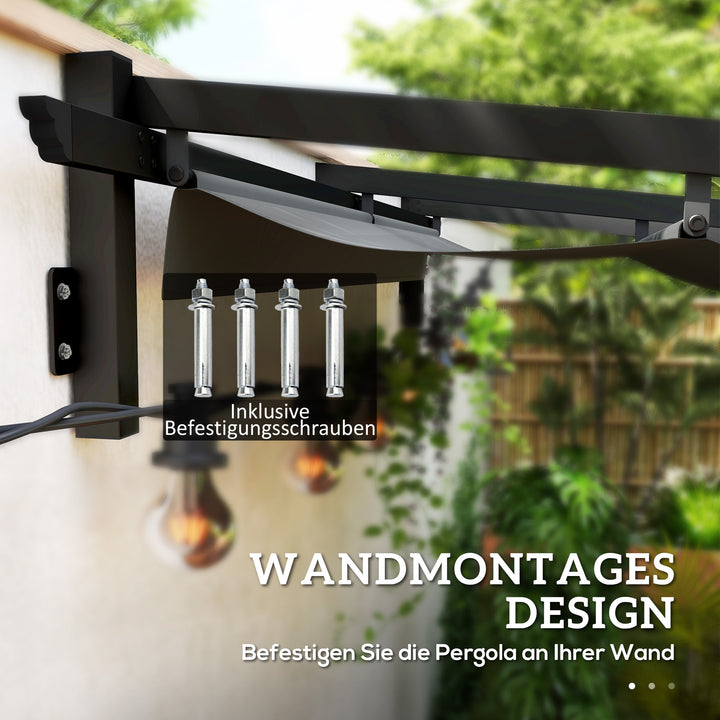 Pavillon, 3 x 3 m pergola, vindtæt terrassetag, vægmonteret, justerbart tag, til have, terrasse, mørkegrå