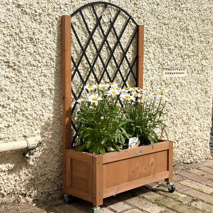 Sæt med 2 hævede havebede/plantekasser med hjul, espalier og plantepotter/blomsterkasser, træ, 52x25x97cm, brun