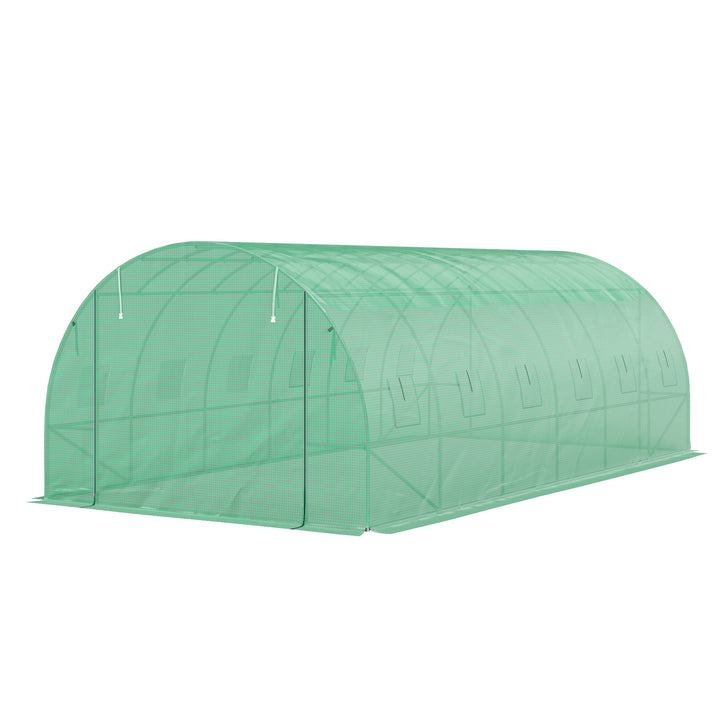 Polytunnel drivhus med plastikdæksel og stålramme, walk-in drivhustelt med rulledøre, grøn