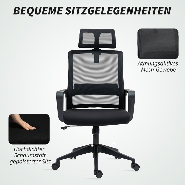 Kontorstol, justerbar skrivebordsstol med nakkestøtte, drejestol til hjemmekontor, kontor, sort