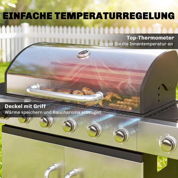 Gasgrill 18,6 KW 6+1 brænder BBQ grillvogn lavet af rustfrit stål inkl. hjul, termometer, varmerist, sidebord, underskab