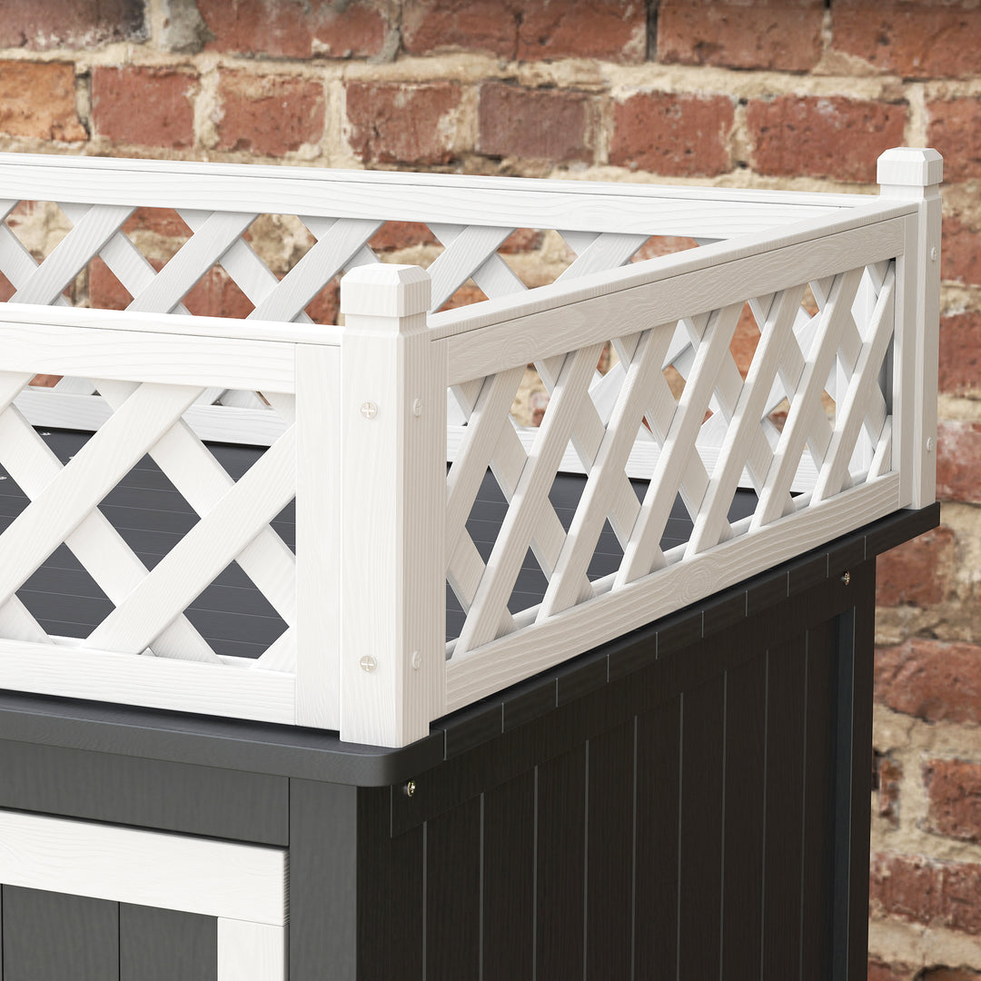 Toetagers kattehus med balkon og trappe, indendørs/udendørs, til katte og kaniner, fyrretræ, grå