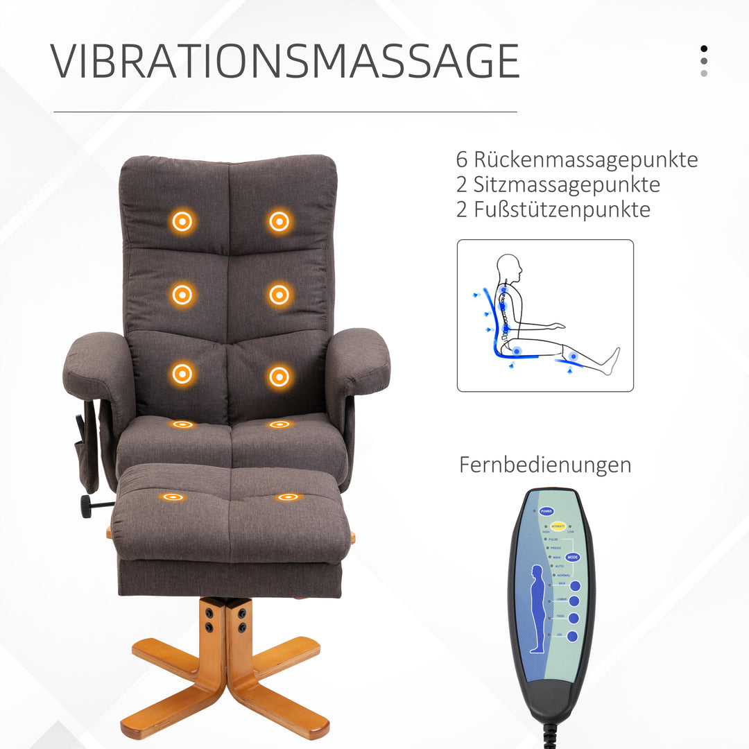 Lænestol med fodskammel, opbevaringsplads, elektrisk massagestol med lænefunktion, drejelig tv-stol med sidelomme, fjernbetjening, træramme, polyester, brun