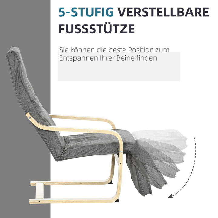 Accentstol, lænestol med justerbar fodstøtte, birketræsstel, op til 120 kg, 66,5 x 94 x 100 cm, grå