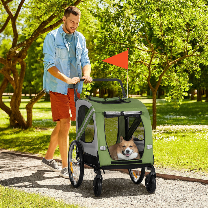 2-I-1 hundevogn, cykeltrailer til hunde, foldbar, vejrbestandig, til hunde op til 20 kg, grøn