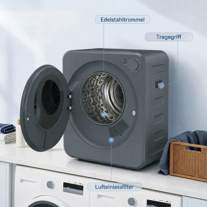 Mini tørretumbler, 4 kg kapacitet, 5 programmer, 800W/400W, fritstående, grå