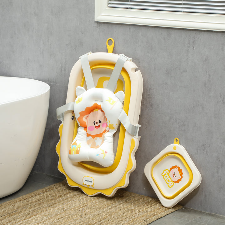 Babybadekar med vask, foldbar, skridsikker bund, komfortabel badehynde, gul