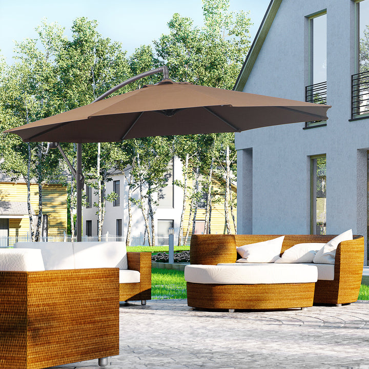 Parasol med håndsving, vejrbestandig, 3 m x 3 m x 2,5 m, stål, polyester, kaffe