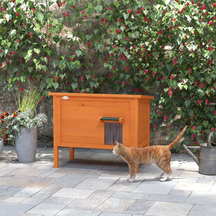 Kattehus udendørs, vejrbestandig, 1 vindue, 1 indgang, 85 x 50 x 68,5 cm, orange+grøn