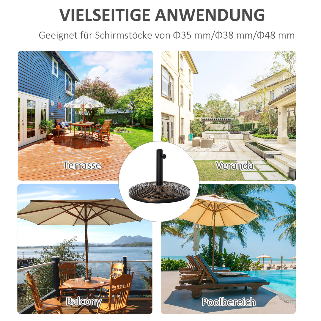 Parasolstativ, paraplyholder, paraplyfod, 25 kg, rattan-look, kurvestativ, paraply Ø35/Ø38/Ø48 mm, plast + cement, antik bronze, Ø53 x 40 cm