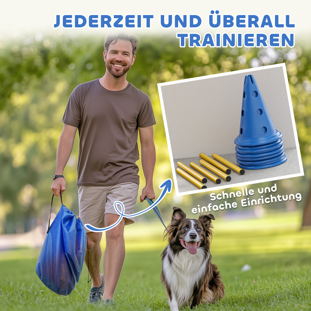 Agilitysæt til hunde: 3-delt agilityudstyr til hundetræning, inklusive et sæt med 6 kegler, 3 forhindringer og en bæretaske.