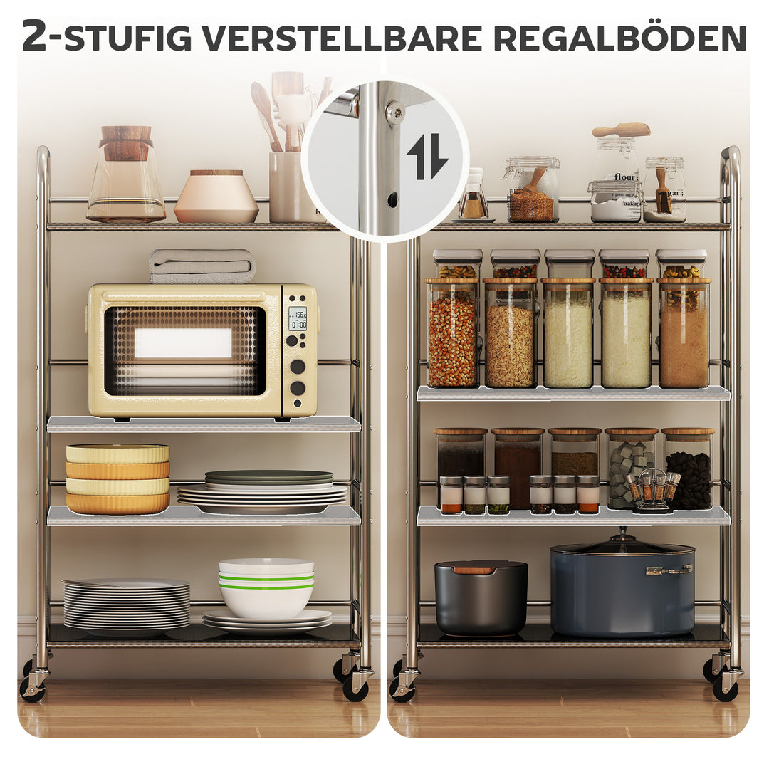 Køkkenvogn med rullebord og 4 niveauer, justerbare hylder og håndtag, til stuekøkken, sølv, 60 x 35 x 100 cm