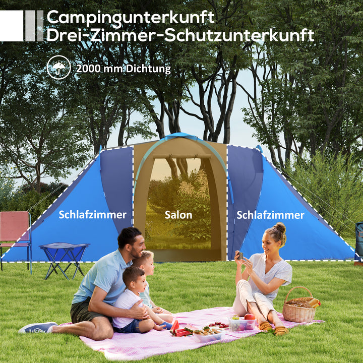 Tunneltelt, 2000 mm vandafvisende campingtelt til 4-6 personer, med 2 soveværelser, opholdsstue og bæretaske, grå+blå
