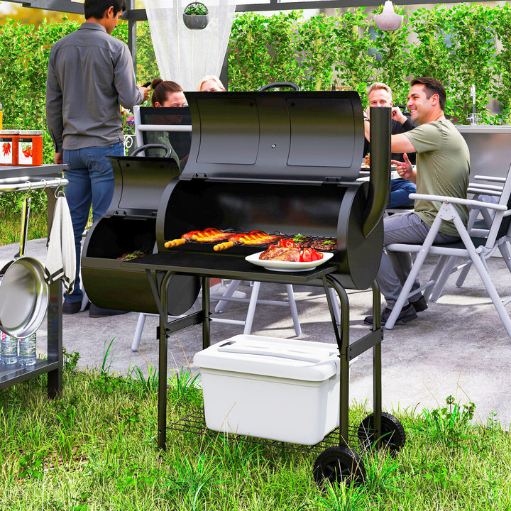 Kulgrill af stål bbq-ryger med låg, termometer, hjul, lufttilførsel og kulbakke