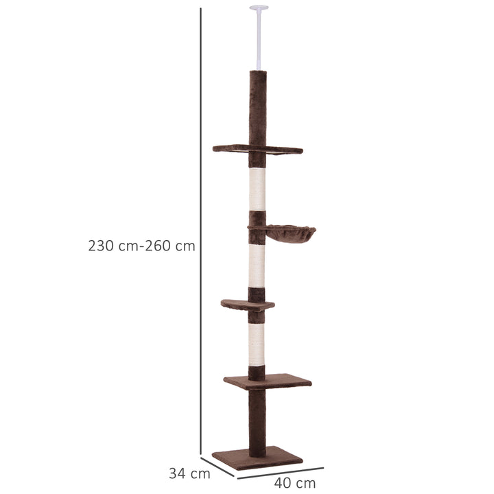 Kradsetræ med loftshøjdejusterbar, robust kradsetræ med sisalstolper, klatretræ til katte, brunt, 40 x 34 x 230-260 cm