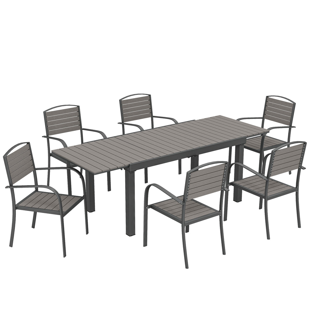Havemøbelsæt, 7-delt siddegruppe, udtræksbord med 6 stabelbare stole, trælook, lameldesign, aluminiumsstel