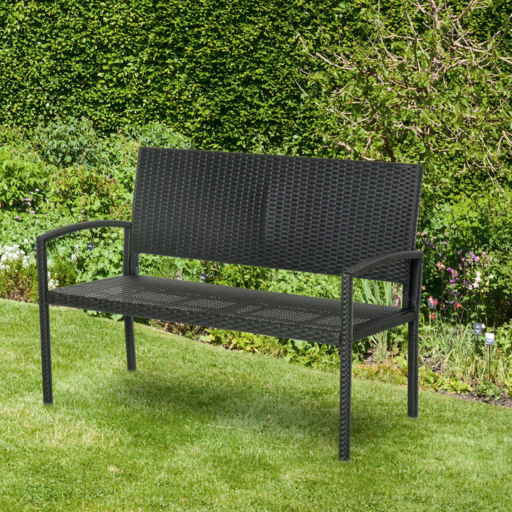 Havebænk, rattan-look, med stålstel, til 2 personer, sort, 122 x 60 x 85 cm