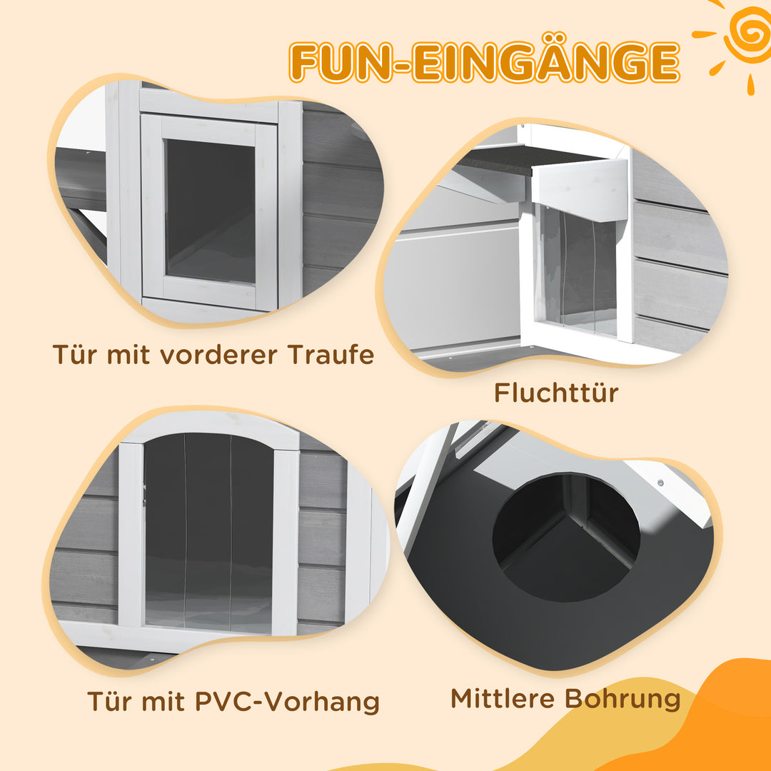 Trækattehus 2-lags vintersikkert vandtæt kattehus med asfalttag, foldbart låg, trappe, kattehule, udendørs ly til udendørs have, balkon, 78 x 55,5 x 91 cm, grå