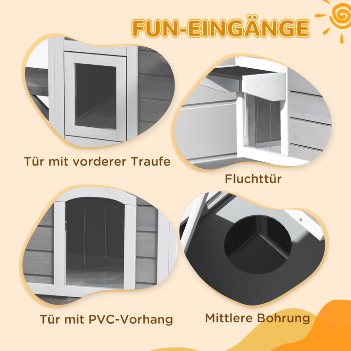 Trækattehus 2-lags vintersikkert vandtæt kattehus med asfalttag, foldbart låg, trappe, kattehule, udendørs ly til udendørs have, balkon, 78 x 55,5 x 91 cm, grå