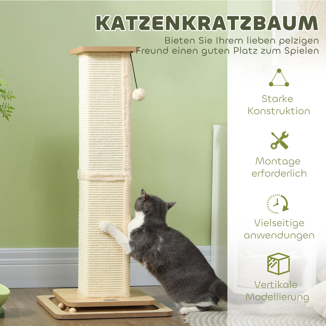 3-I-1 kradsetræ med legestang, legebold, sisal, op til 10 kg, 39,5 x 39,5 x 87 cm, eg/creme