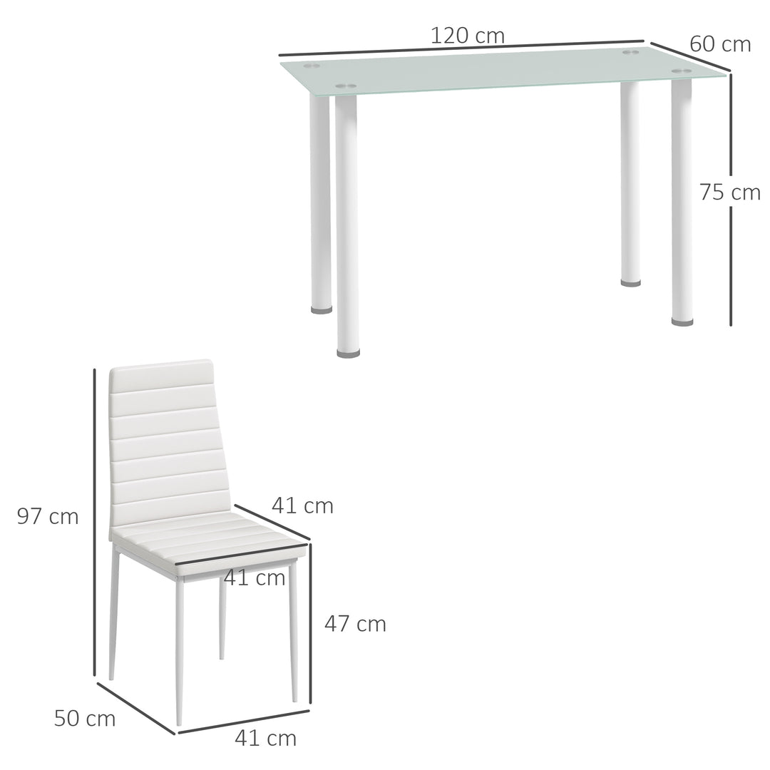 5-delt spisebordssæt, siddegruppe, spisebord med 4 stole, moderne design, glasbord, hvid
