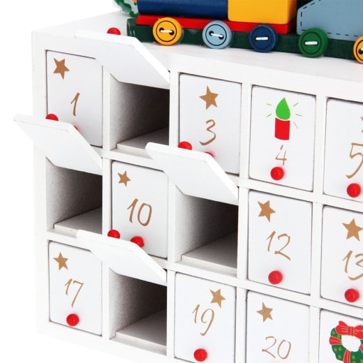 Pakkekalender i træ, juleby og tog, 24 rum