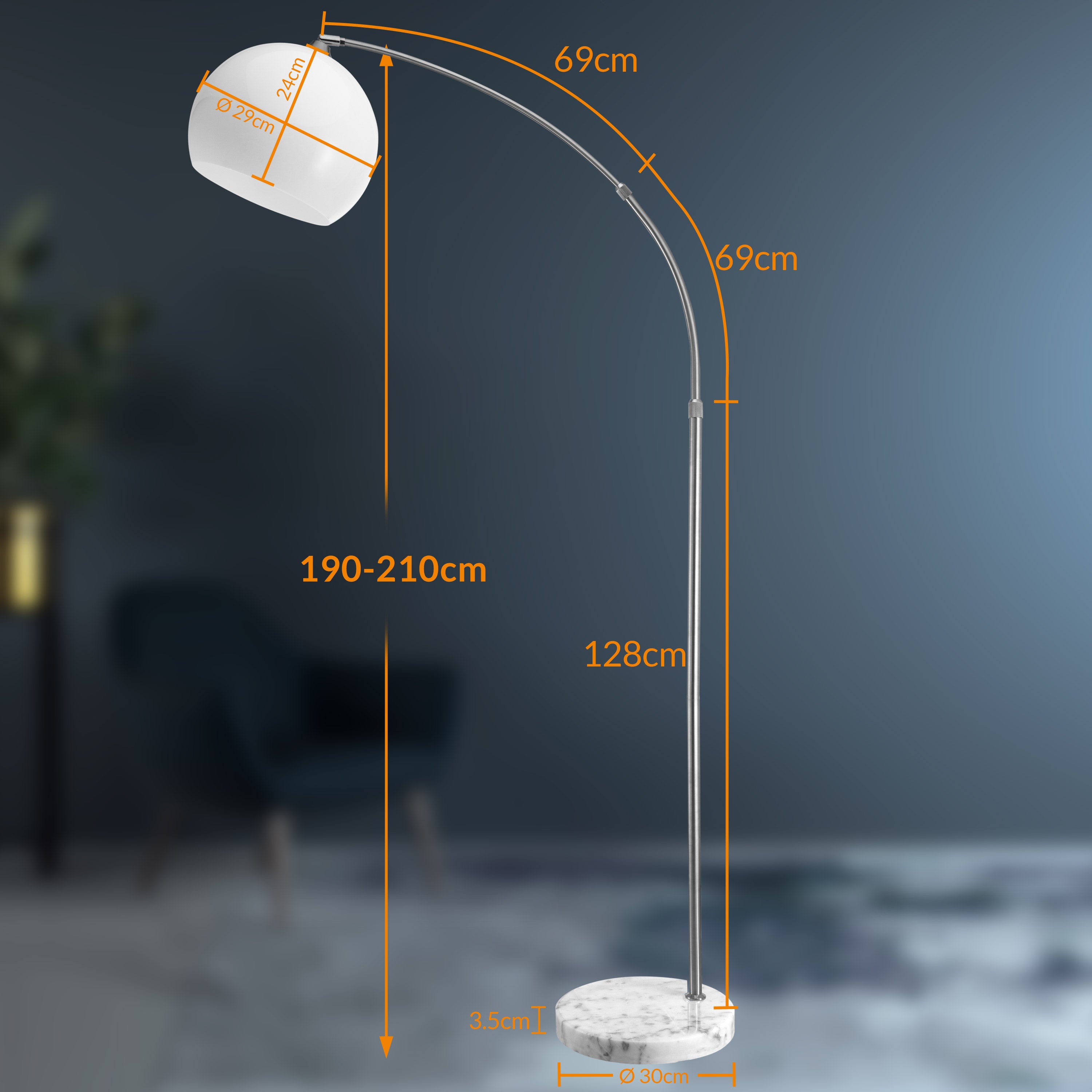 Gulvlampe, højdejusterbar 190-210 cm, drejelig marmorfod med fodkontakt